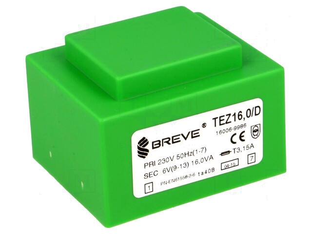 Transformator: ingegoten; 16VA; 230VAC; 6V; 2666,6mA; PCB; IP00 Transformator: ingegoten; 16VA; 230VAC; 6V; 2666,6mA; PCB; IP00
